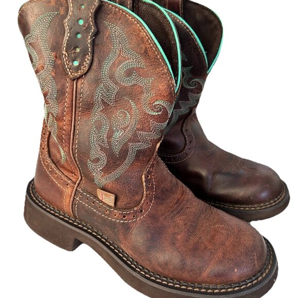 Justin Gypsy Brown Leather Teal Embroidered Cowboy Boots Womens Size 6B Boho - Picture 1 of 13